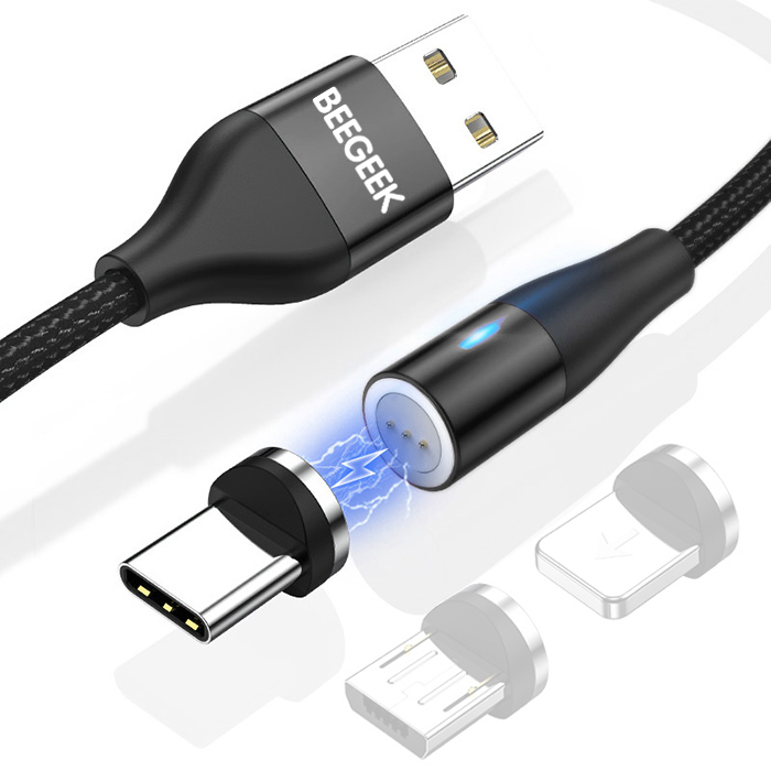 BeeGeek AM60 USB kábel 1M 3A 18W QC 3.0 gyorstöltés USB-C, Type-C mágneses fejjel, 1m fekete-0
