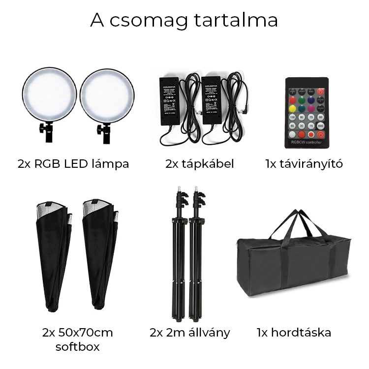 RGBW 45W LED softbox szett 3000-5500K, távirányítóval, 2m állvánnyal-11