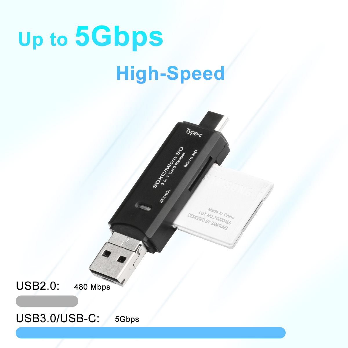 ROCKETEK 3 az 1-ben USB-A, USB Type-C, Micro USB kártyaolvasó SD, micro SD fekete (RT-CR11)-6