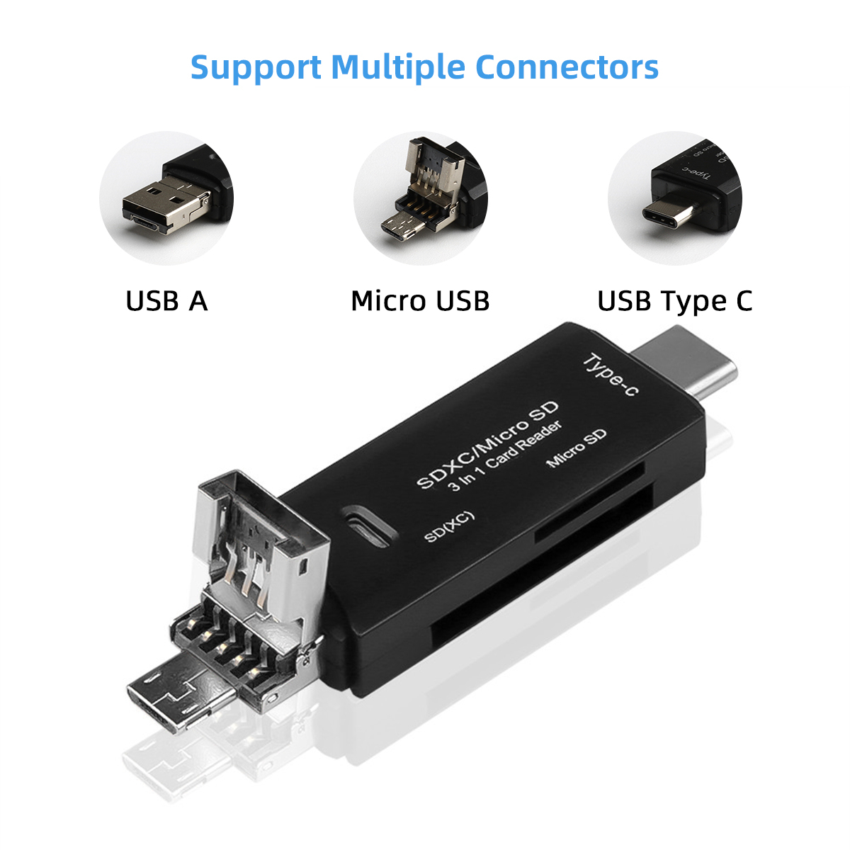 ROCKETEK 3 az 1-ben USB-A, USB Type-C, Micro USB kártyaolvasó SD, micro SD fekete (RT-CR11)-4