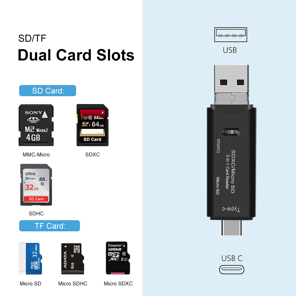 ROCKETEK 3 az 1-ben USB-A, USB Type-C, Micro USB kártyaolvasó SD, micro SD fekete (RT-CR11)-1