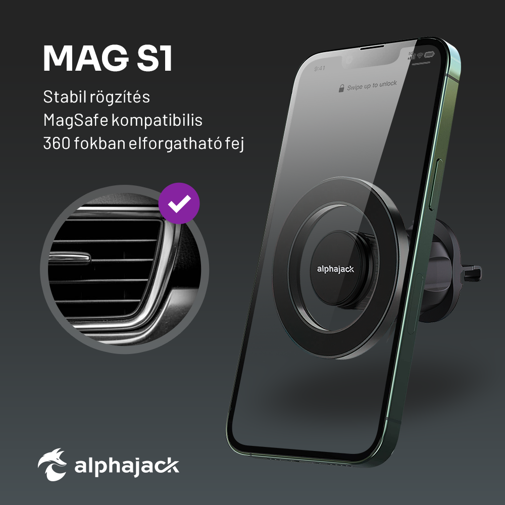 Alphajack MAG S1 mágneses telefontartó szellőzőre (Magsafe kompatibilis) autós-3