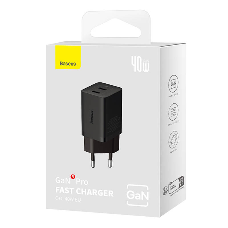  Baseus GaN5 hálózati töltő adapter 2x USB-C 40W (fekete)-3