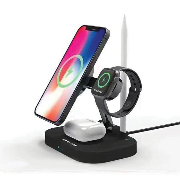 AWEI Indukciós töltő 4 az 1-ben 15 W gyorstöltő (W22) fekete (iPhone Magsafe, Apple Watch, Airpods, Apple Pencil Lightning)-1