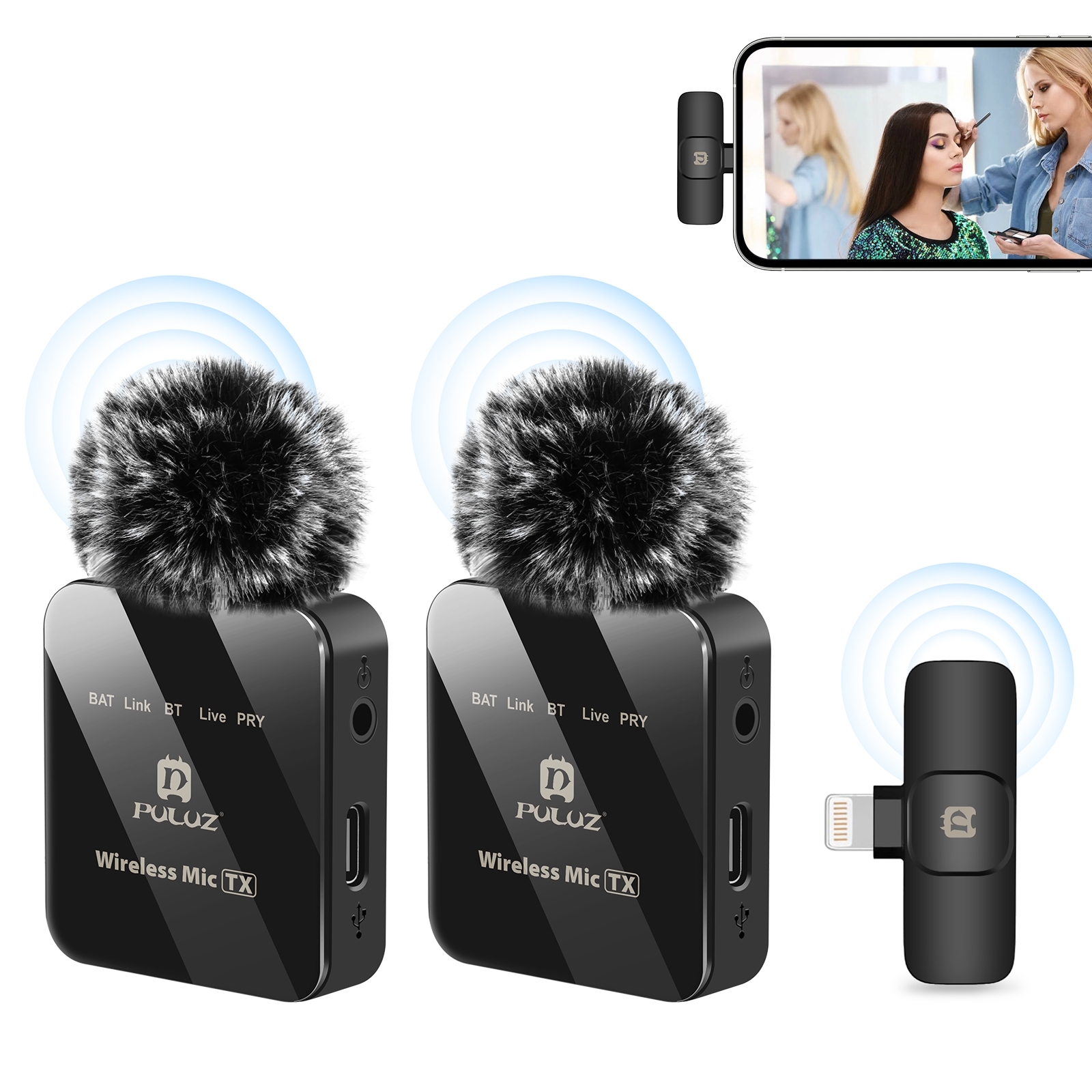 PULUZ vezeték nélküli mikrofon (2 adó + 1 vevő iOS) lightning csatlakozással (PU647B)-7