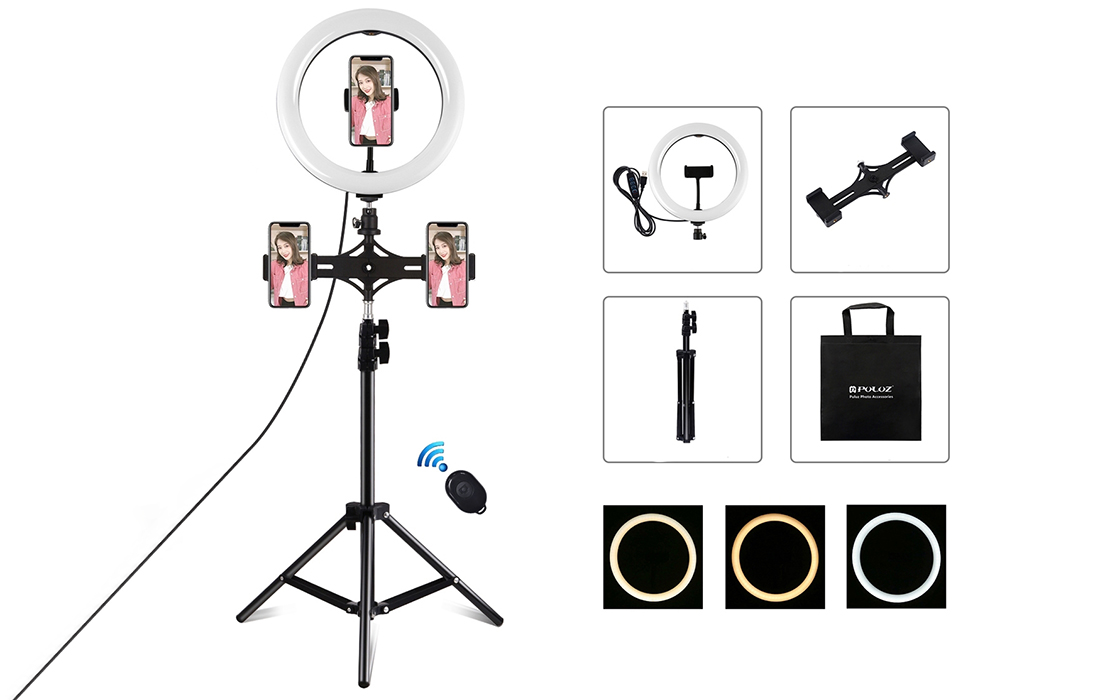 PULUZ LED-es körfény, körlámpa 3db telefontartóval, bluetooth távirányítóval, állvánnyal (PKT3070B)-6