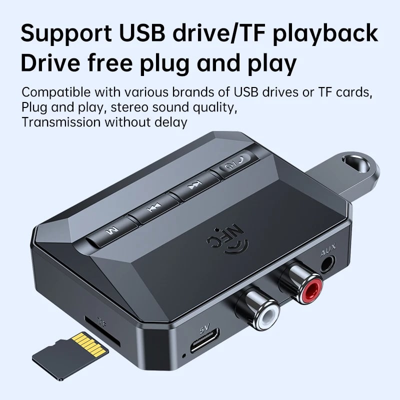 HIGI T59 bluetooth audio vevő AUX 3.5mm adapter + microSD, USB-A, USB-C, RCA, NFC csatlakozással-3