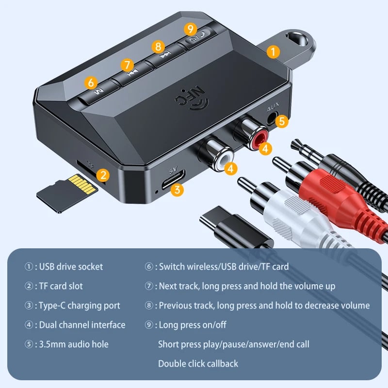 HIGI T59 bluetooth audio vevő AUX 3.5mm adapter + microSD, USB-A, USB-C, RCA, NFC csatlakozással-1