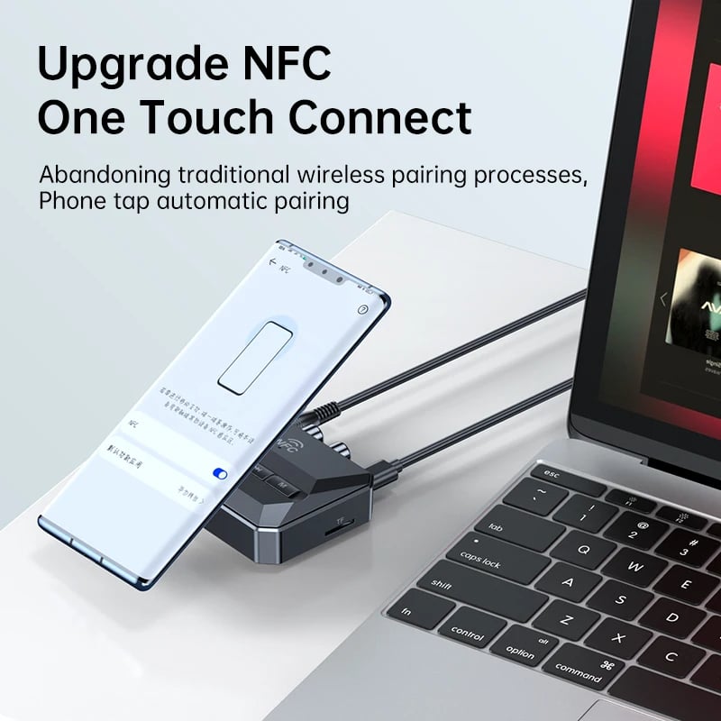 HIGI T59 bluetooth audio vevő AUX 3.5mm adapter + microSD, USB-A, USB-C, RCA, NFC csatlakozással-2