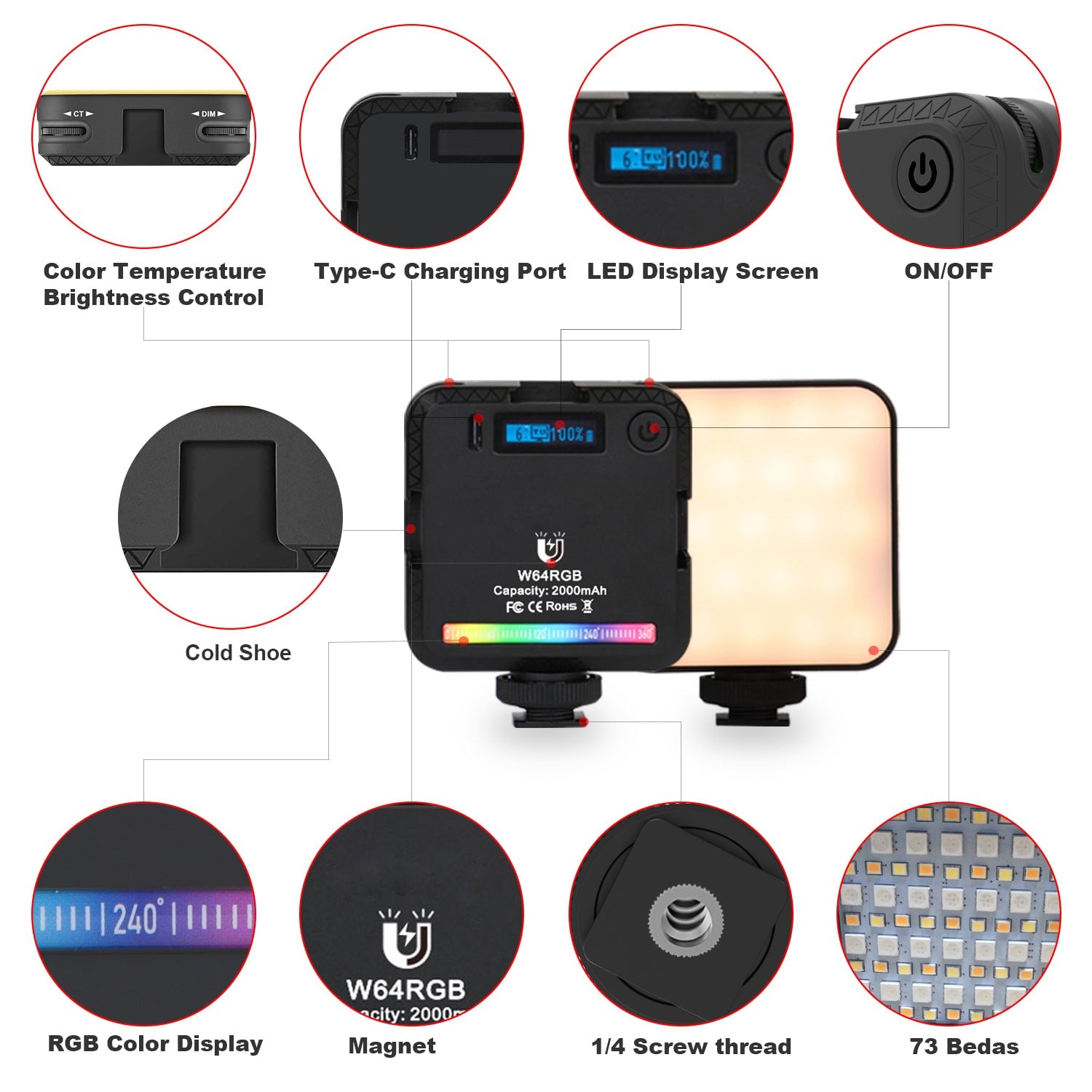 LUXCEO W64 mini RGB LED lámpa, világítás 2500-9000K beépített akkumulátorral-1