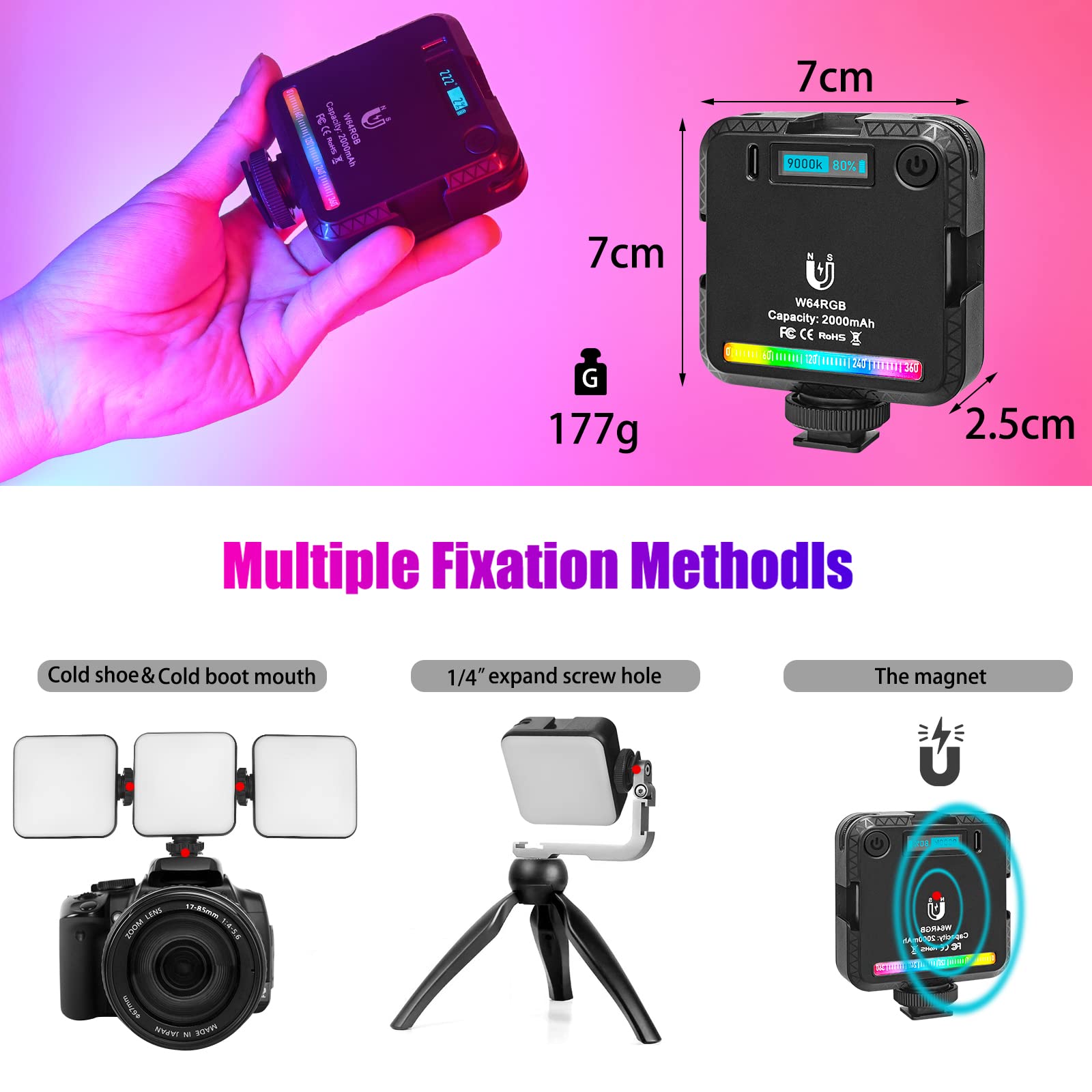 LUXCEO W64 mini RGB LED lámpa, világítás 2500-9000K beépített akkumulátorral-3