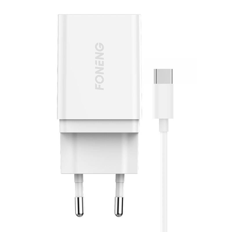 Foneng K300 USB-A hálózati töltő adapter + USB-A - USB-C kábel (fehér)-0