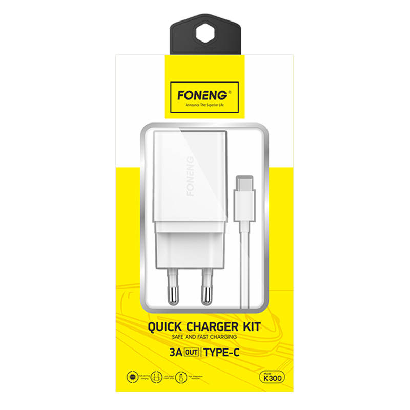 Foneng K300 USB-A hálózati töltő adapter + USB-A - USB-C kábel (fehér)-2