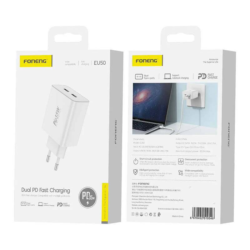 Foneng EU50 hálózati töltő adapter 2x USB-C PD 35W (fehér)-4
