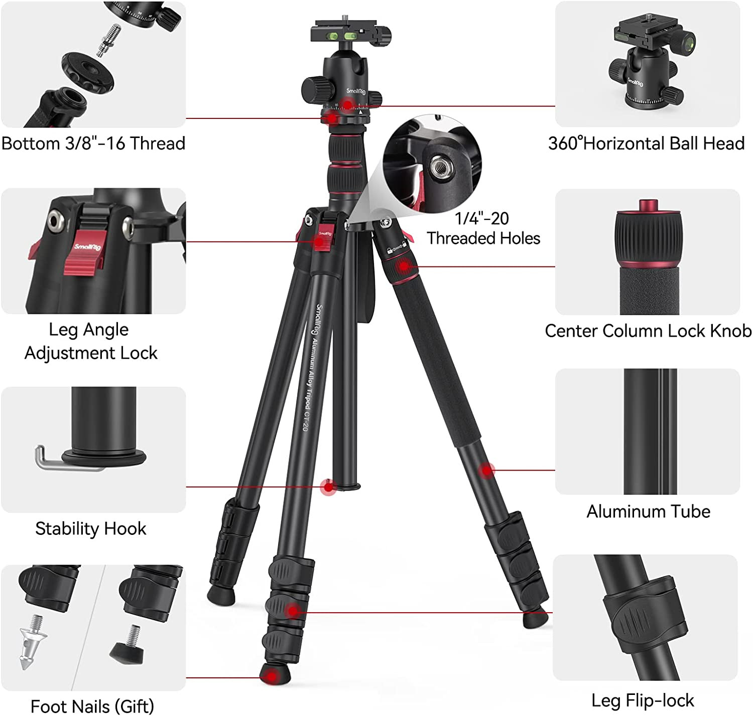 SmallRig CT-20 alumínium tripod, fényképezőgép állvány gömbfejjel (3474C)-5