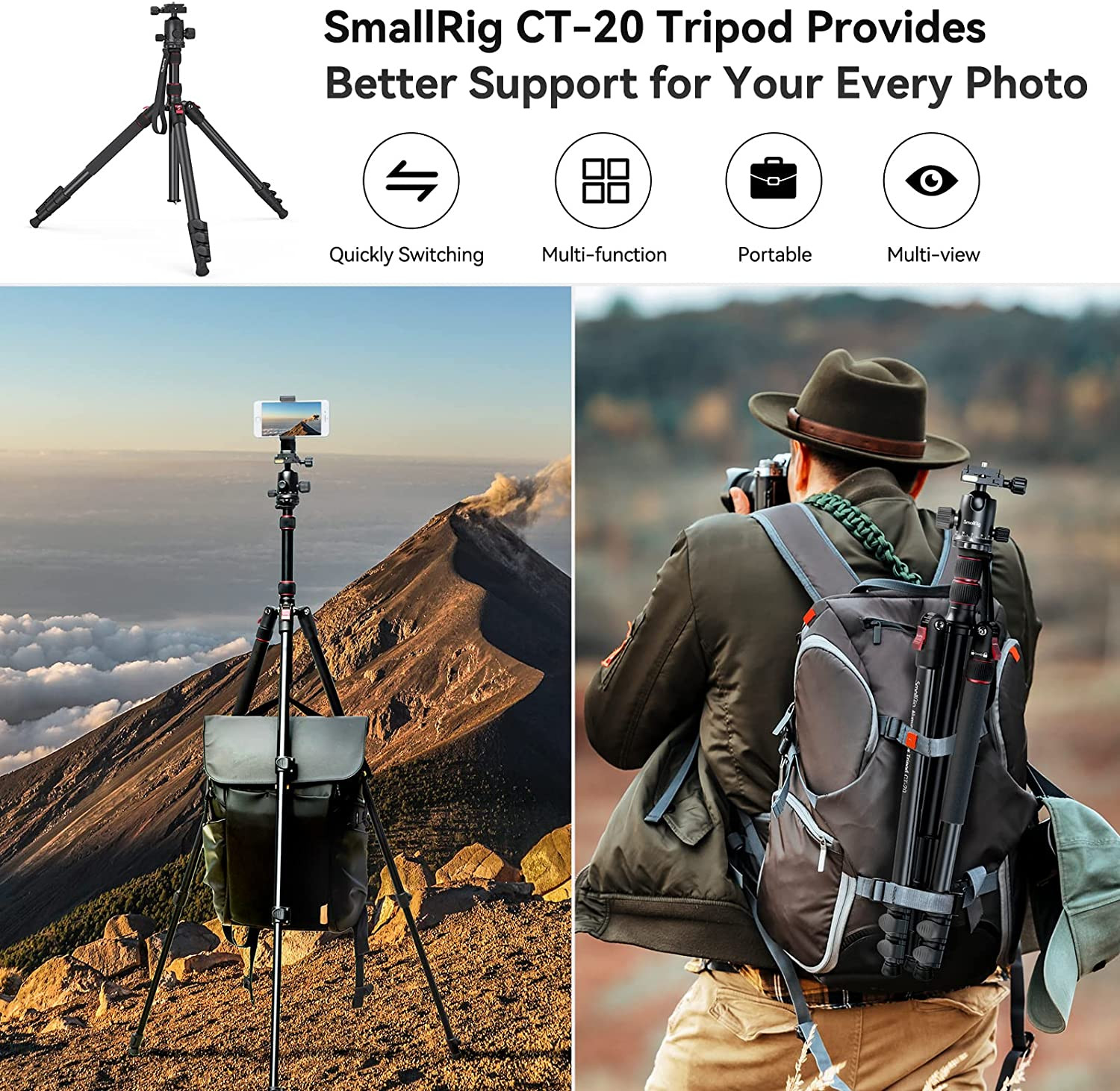 SmallRig CT-20 alumínium tripod, fényképezőgép állvány gömbfejjel (3474C)-6