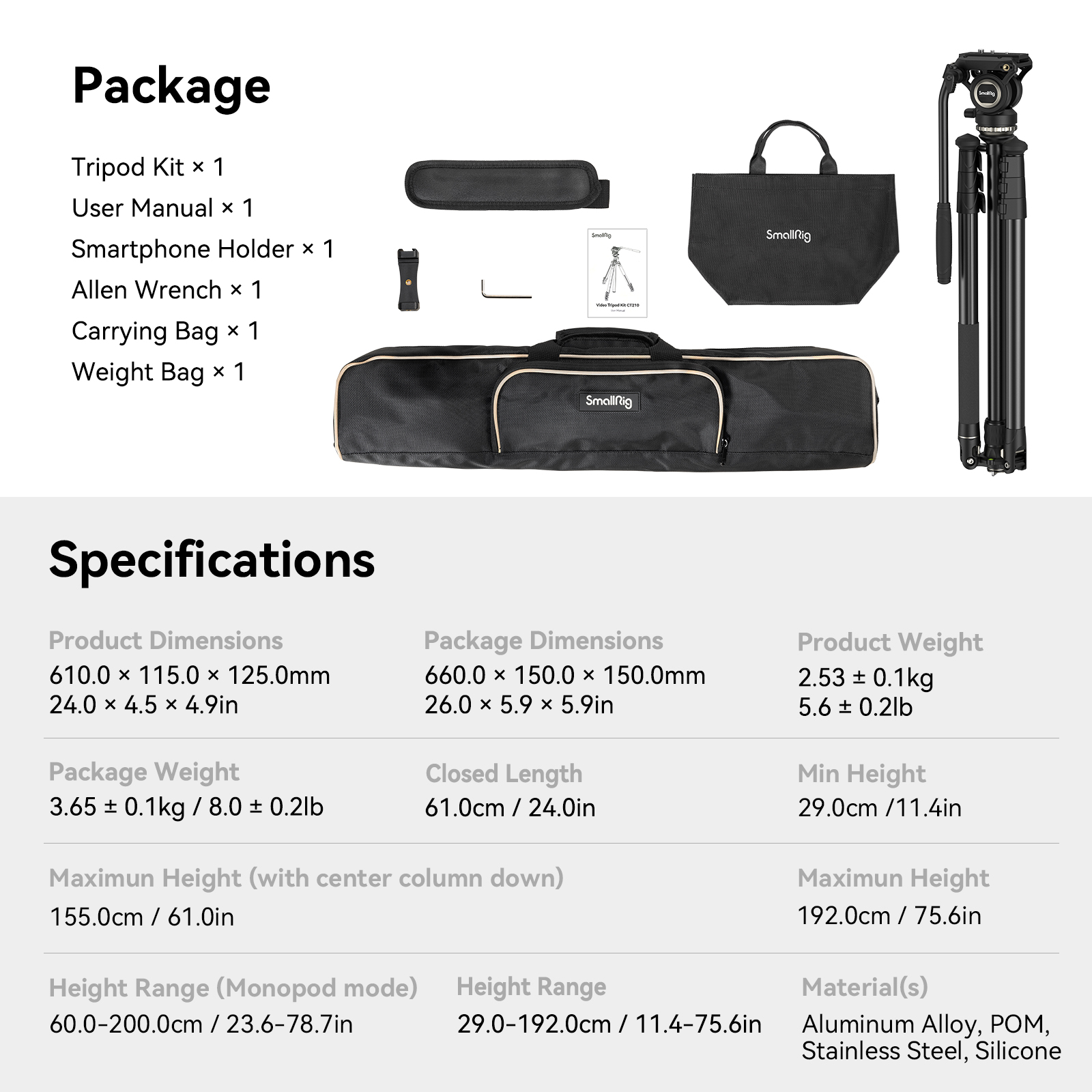 SmallRig Video Tripod Kit CT210, fluid fejes állvány (4475)-1