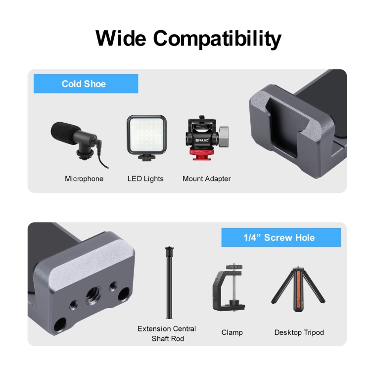 PULUZ fém mobiltelefon rögzítő, telefontartó adapter vakupapucs foglalattal (PU3205B)-1