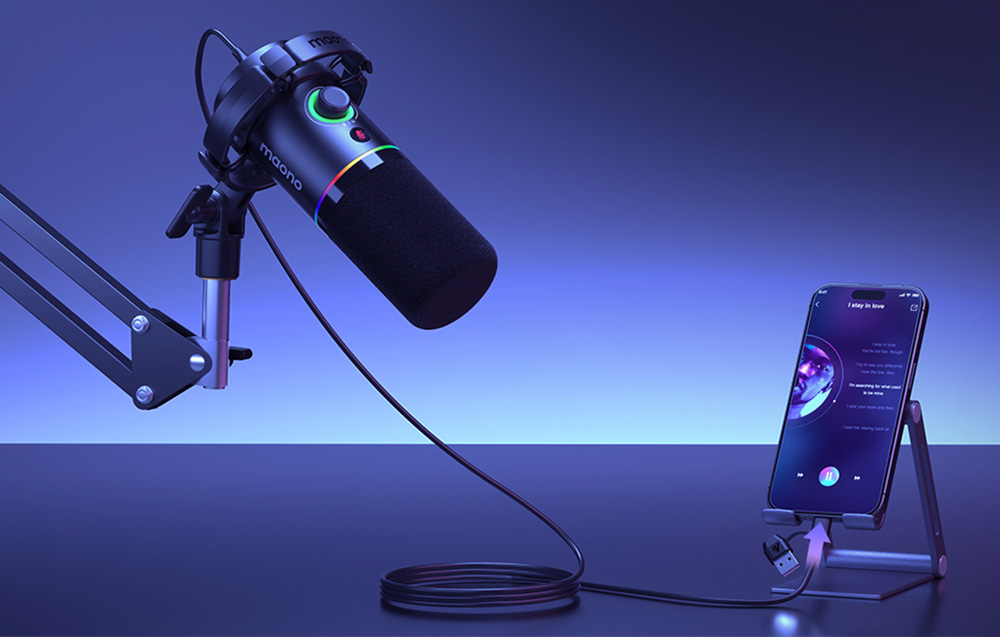 Maono PD200XS dinamikus gaming, gamer mikrofon állvánnyal, RGB világítással fekete-5