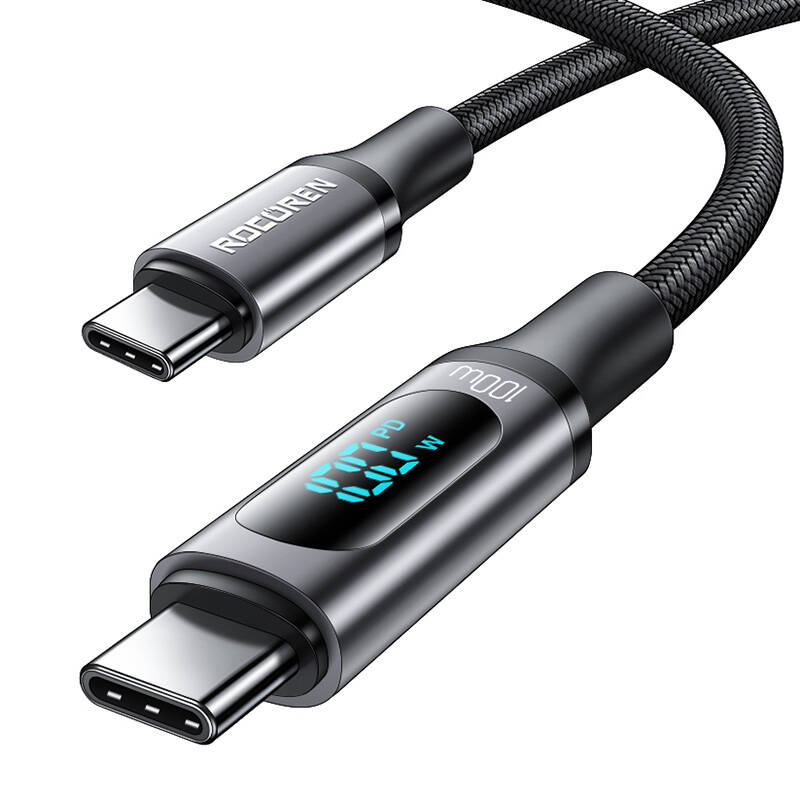 Rocoren USB-C - USB-C 1m 100W PD gyorstöltő kábel kijelzővel (szürke)-1