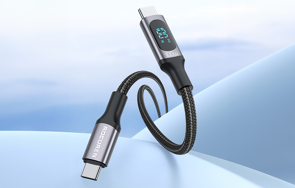 Rocoren USB-C - USB-C 1m 100W PD gyorstöltő kábel kijelzővel (szürke)-2