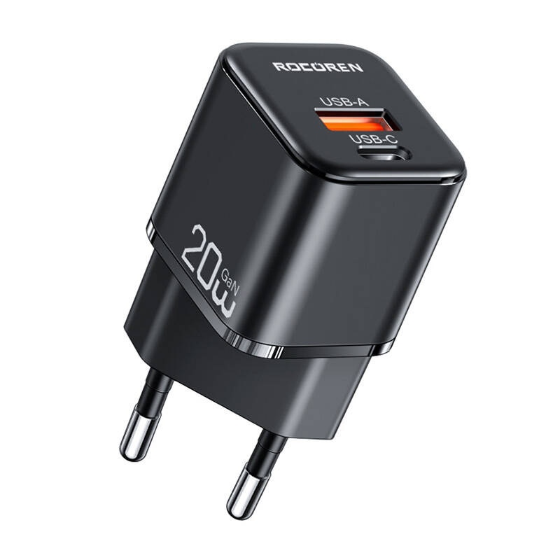 Rocoren hálózati töltő adapter MiniGaN USB-C, USB, 20W (fekete)-0