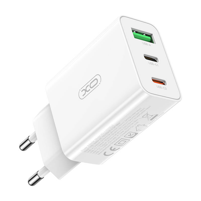 XO L101 hálózati töltő adapter, USB-A + 2x USB-C, PD 20W (fehér)-0