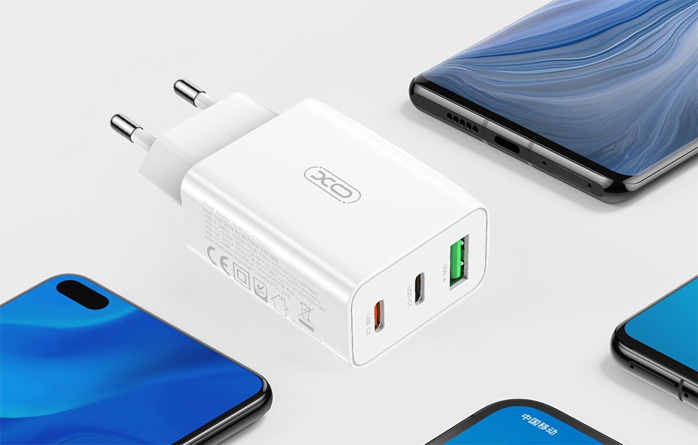 XO L101 hálózati töltő adapter, USB-A + 2x USB-C, PD 20W (fehér)-2