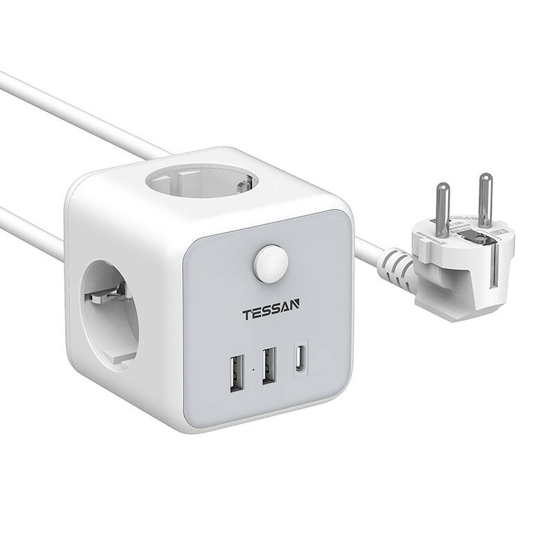 TESSAN TS-301-C-GR 3x hálózati elosztó + 2x USB-A, 1x USB-C töltő 2m-0