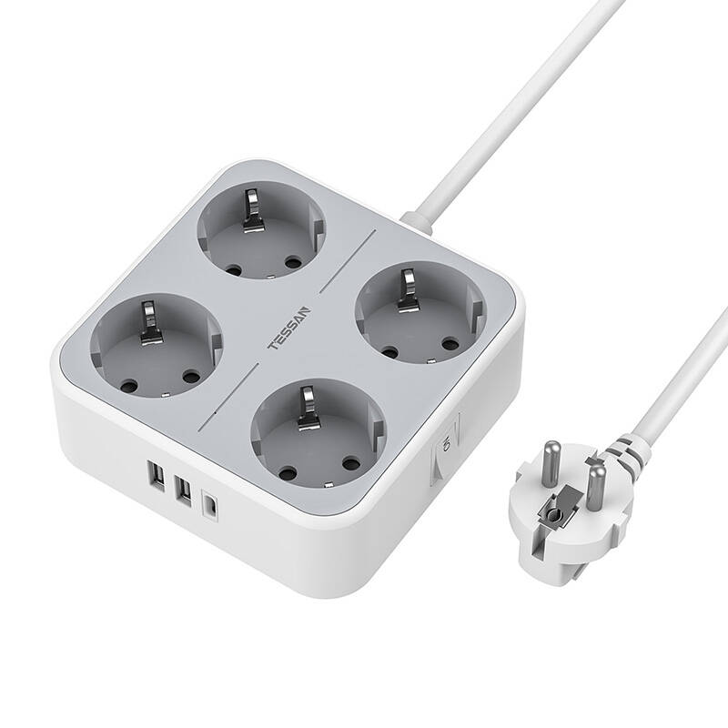 TESSAN TS-302-C-GR 4x hálózati elosztó + 2x USB-A, 1x USB-C töltő 2m-0