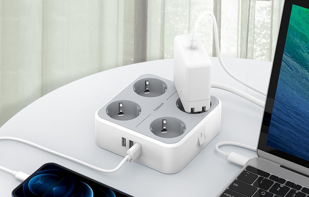 TESSAN TS-302-C-GR 4x hálózati elosztó + 2x USB-A, 1x USB-C töltő 2m-2