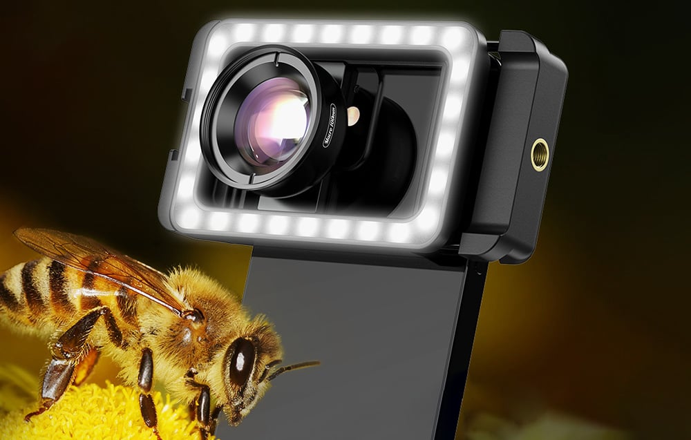 APEXEL APL-HB100FL23 100 mm-es makró mobiltelefon objektív LED világítással (fekete)-1