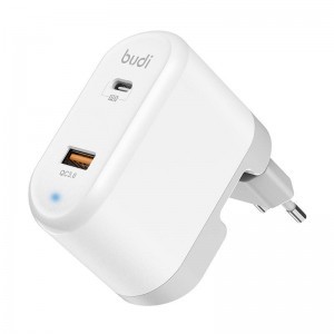 Budi 328E hálózati töltő adapter USB-A QC3.0 + USB-C PD 18W + EU/UK/US adapterekkel (fehér)
