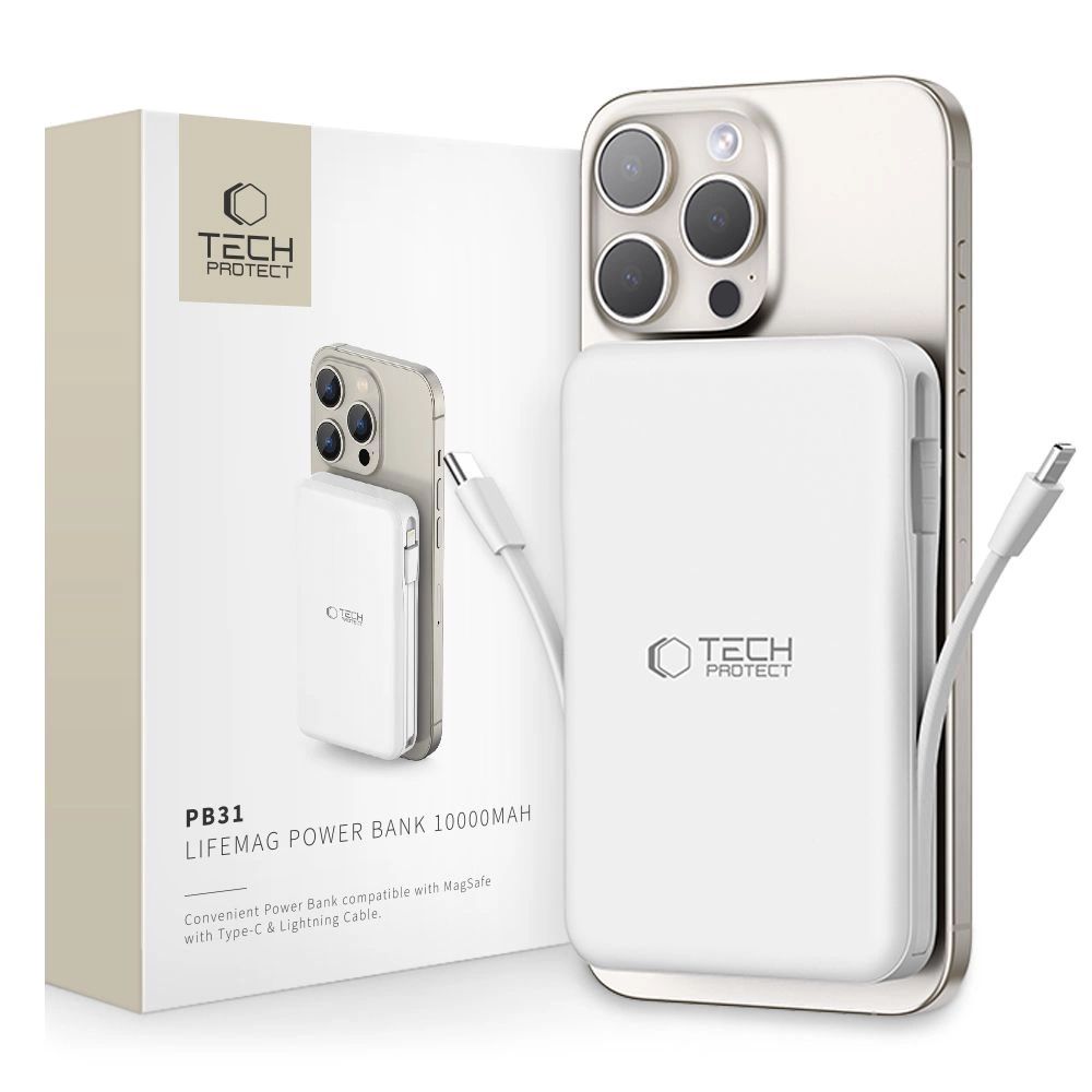 Tech-Protect LifeMag PB31 Powerbank MagSafe kompatibilis 10000mAh 15W USB-C / USB-A / beépített USB-C / Lightning kábelekkel - fehér-0