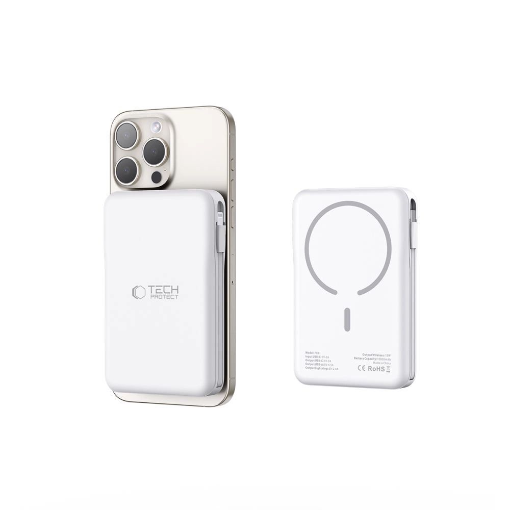 Tech-Protect LifeMag PB31 Powerbank MagSafe kompatibilis 10000mAh 15W USB-C / USB-A / beépített USB-C / Lightning kábelekkel - fehér-5
