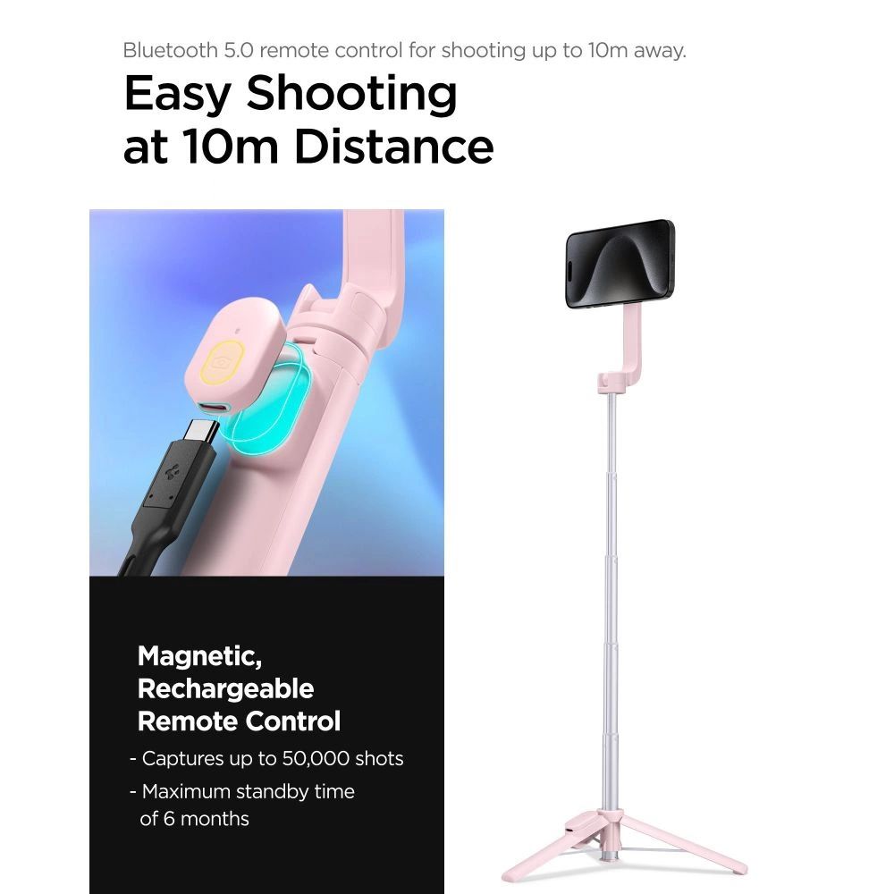 Spigen S570W Bluetooth-os selfie bot és MagSafe tripod - rózsaszín-12