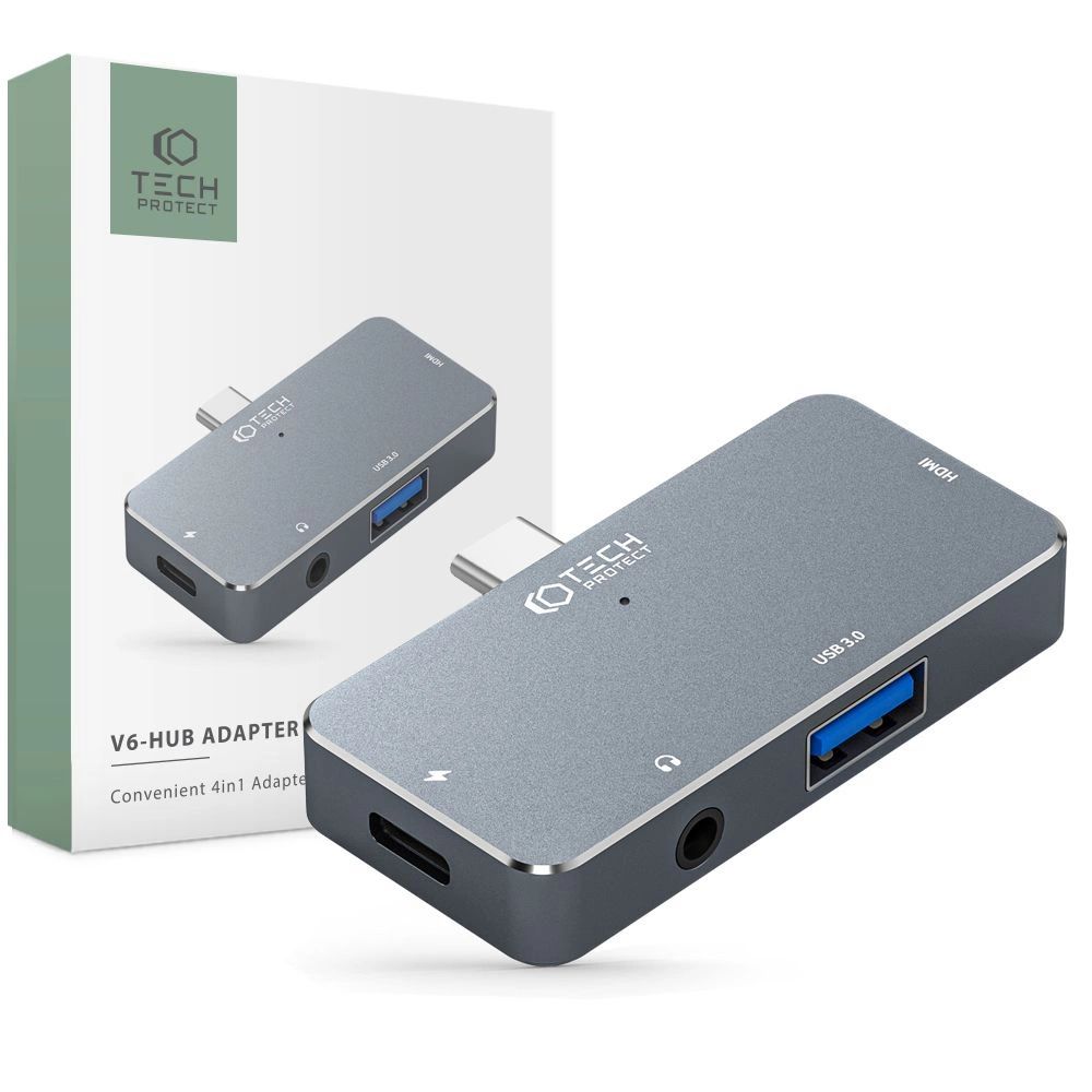 HUB Tech-Protect V6 4in1 USB-C - USB-A 3.0 / USB-C PD100W / HDMI / mini jack 3.5mm - szürke-0