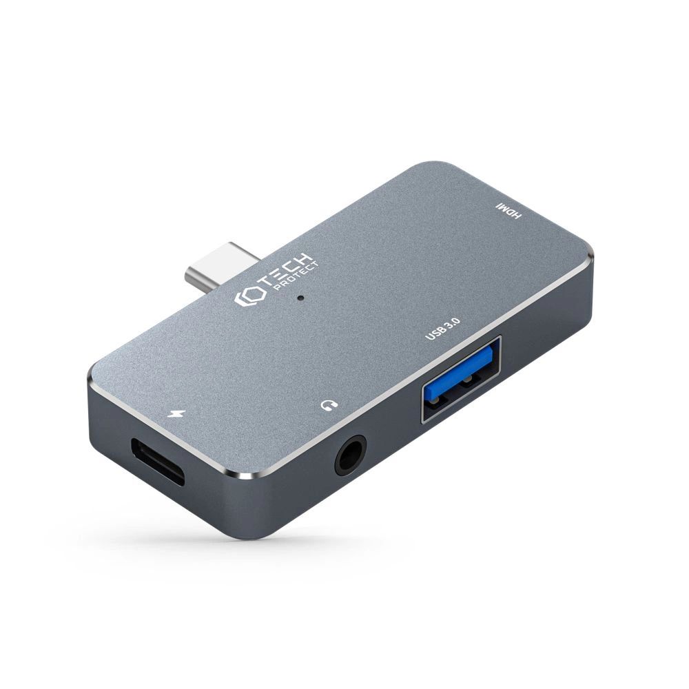 HUB Tech-Protect V6 4in1 USB-C - USB-A 3.0 / USB-C PD100W / HDMI / mini jack 3.5mm - szürke-1