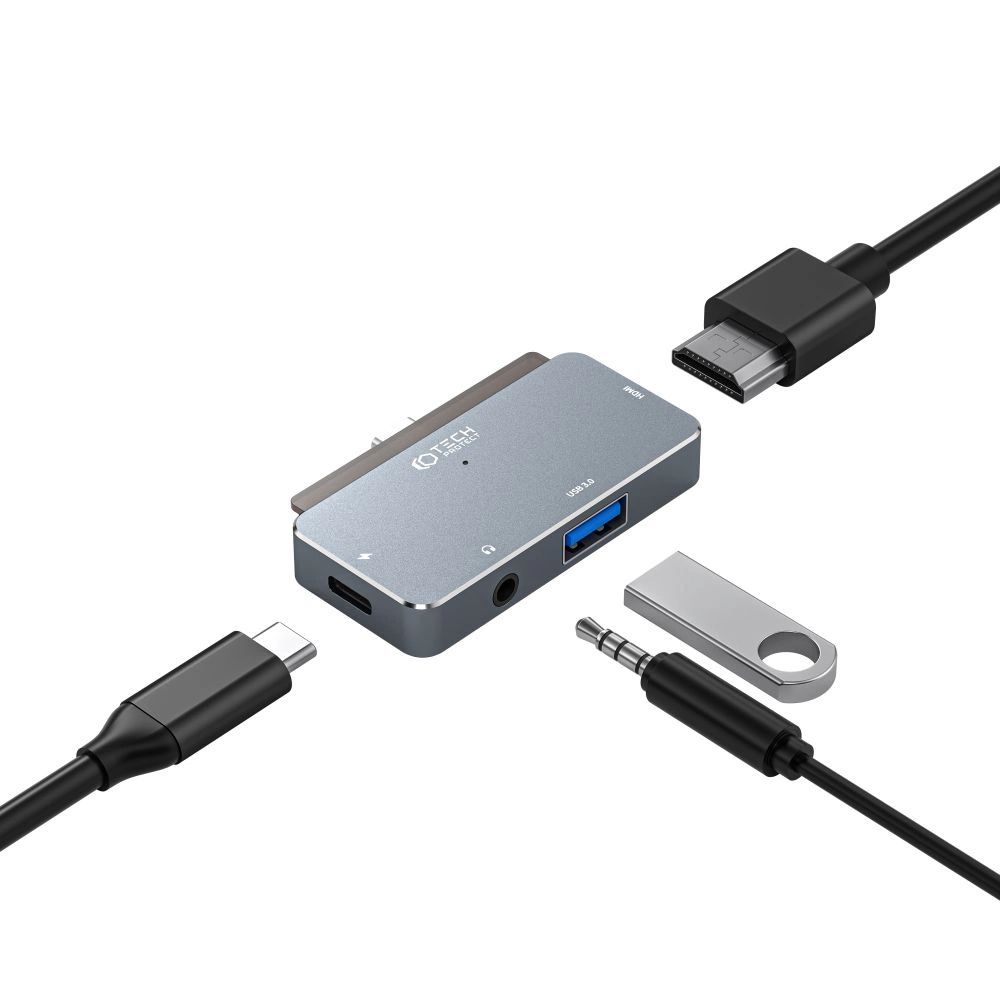 HUB Tech-Protect V6 4in1 USB-C - USB-A 3.0 / USB-C PD100W / HDMI / mini jack 3.5mm - szürke-3