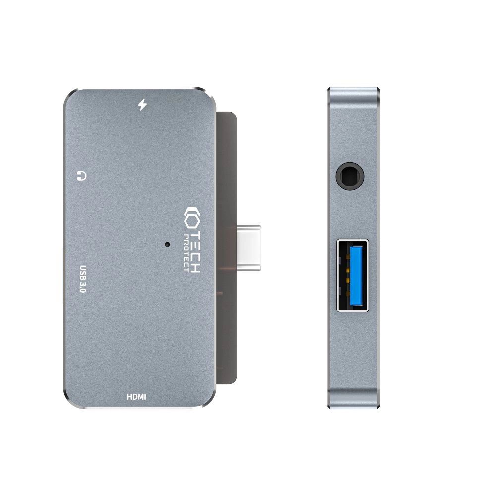 HUB Tech-Protect V6 4in1 USB-C - USB-A 3.0 / USB-C PD100W / HDMI / mini jack 3.5mm - szürke-5