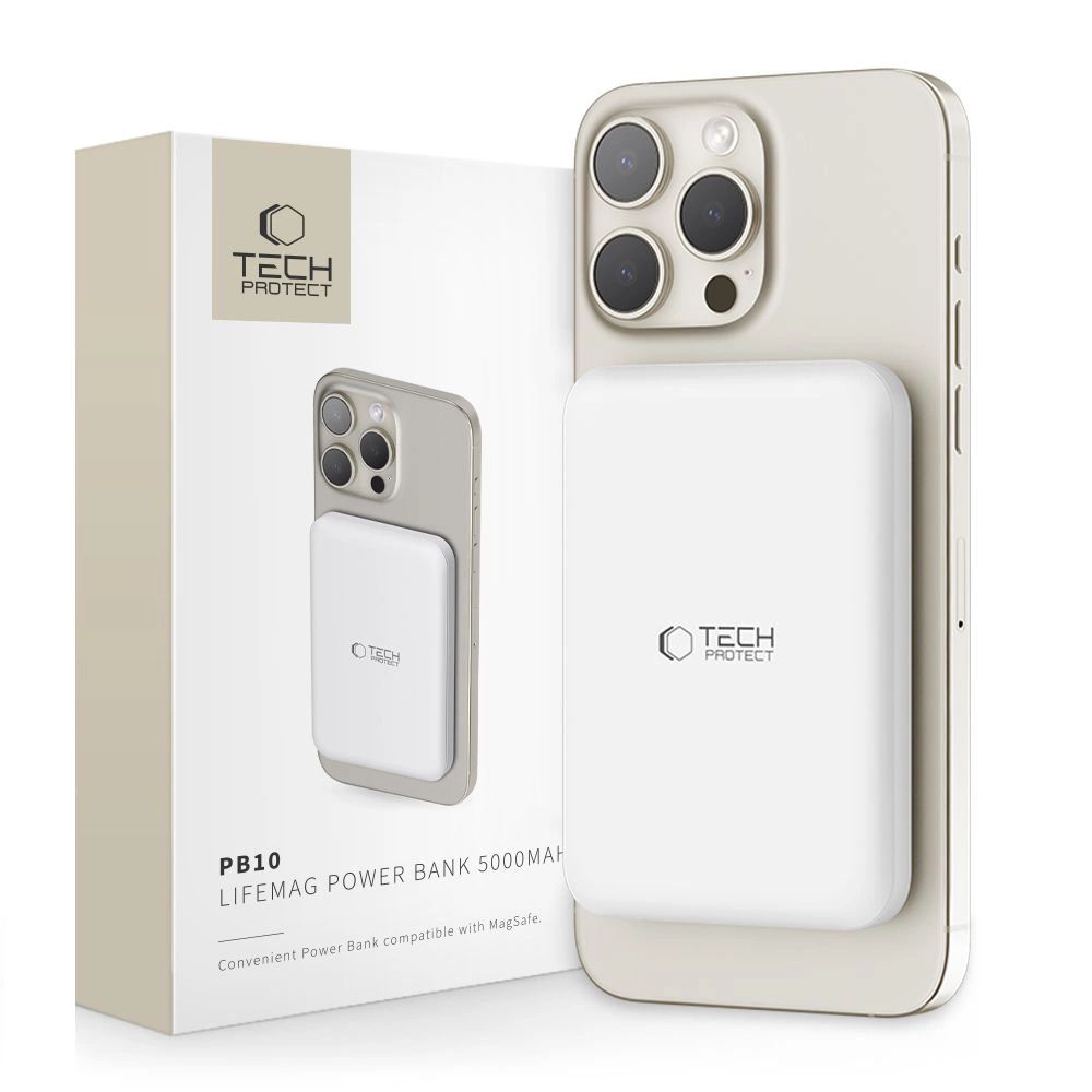 Tech-Protect LifeMag PB10 Powerbank MagSafe-val 5000mAh 15W USB-C port - fehér + USB-C kábel-0
