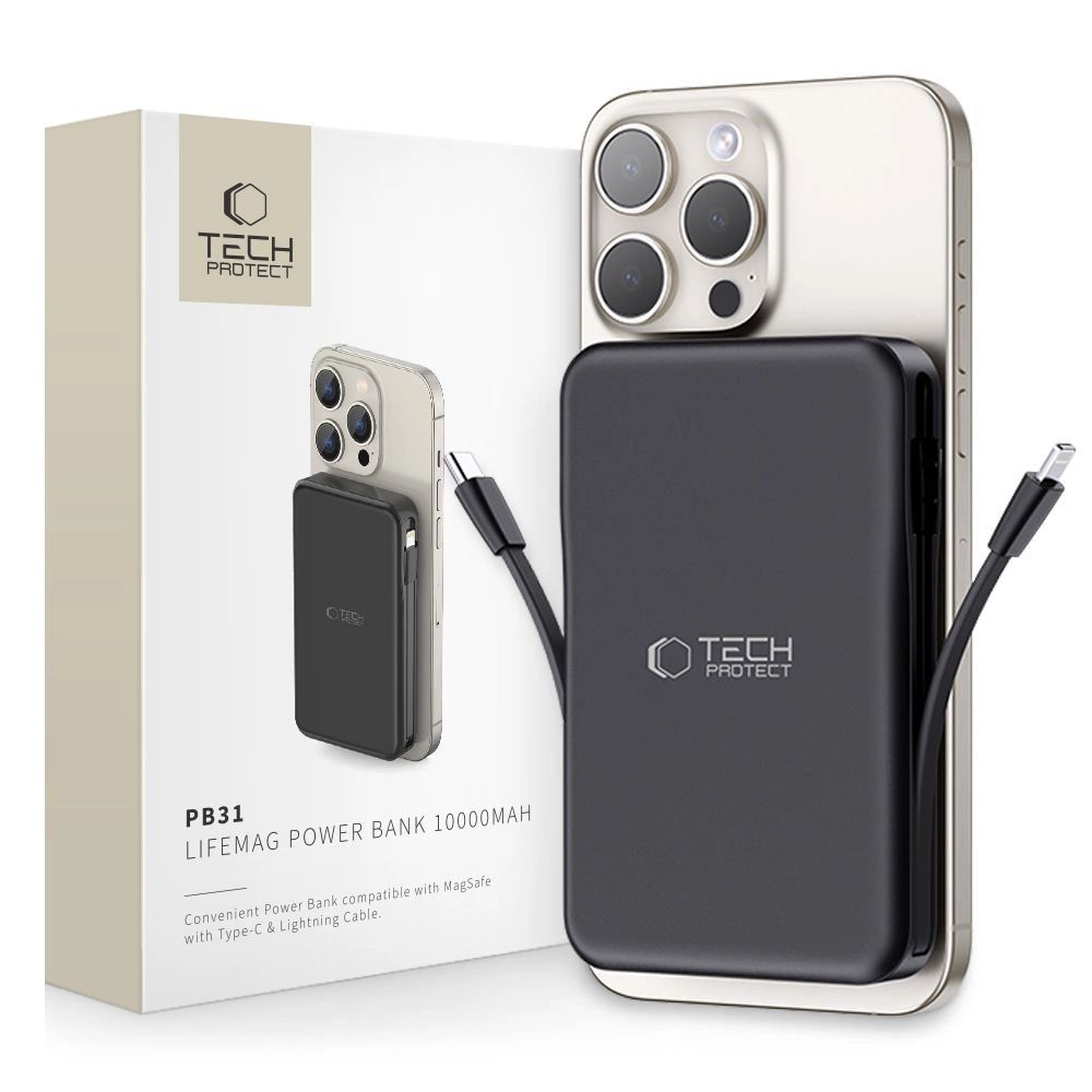 Tech-Protect LifeMag PB31 Powerbank MagSafe kompatibilis 10000mAh 15W USB-C / USB-A / beépített USB-C / Lightning kábelek - fekete-0
