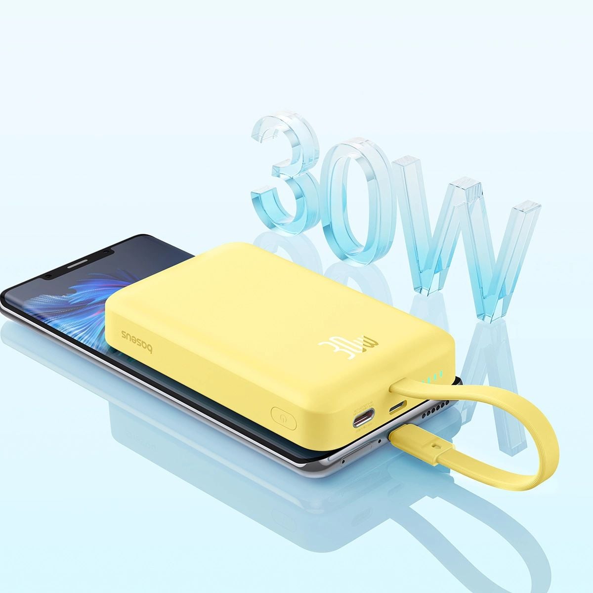 Baseus Magnetic Mini MagSafe 10000mAh 30W powerbank beépített USB-C kábellel - sárga + Baseus Simple Series USB-C - USB-C 60W 0.3m kábel-3