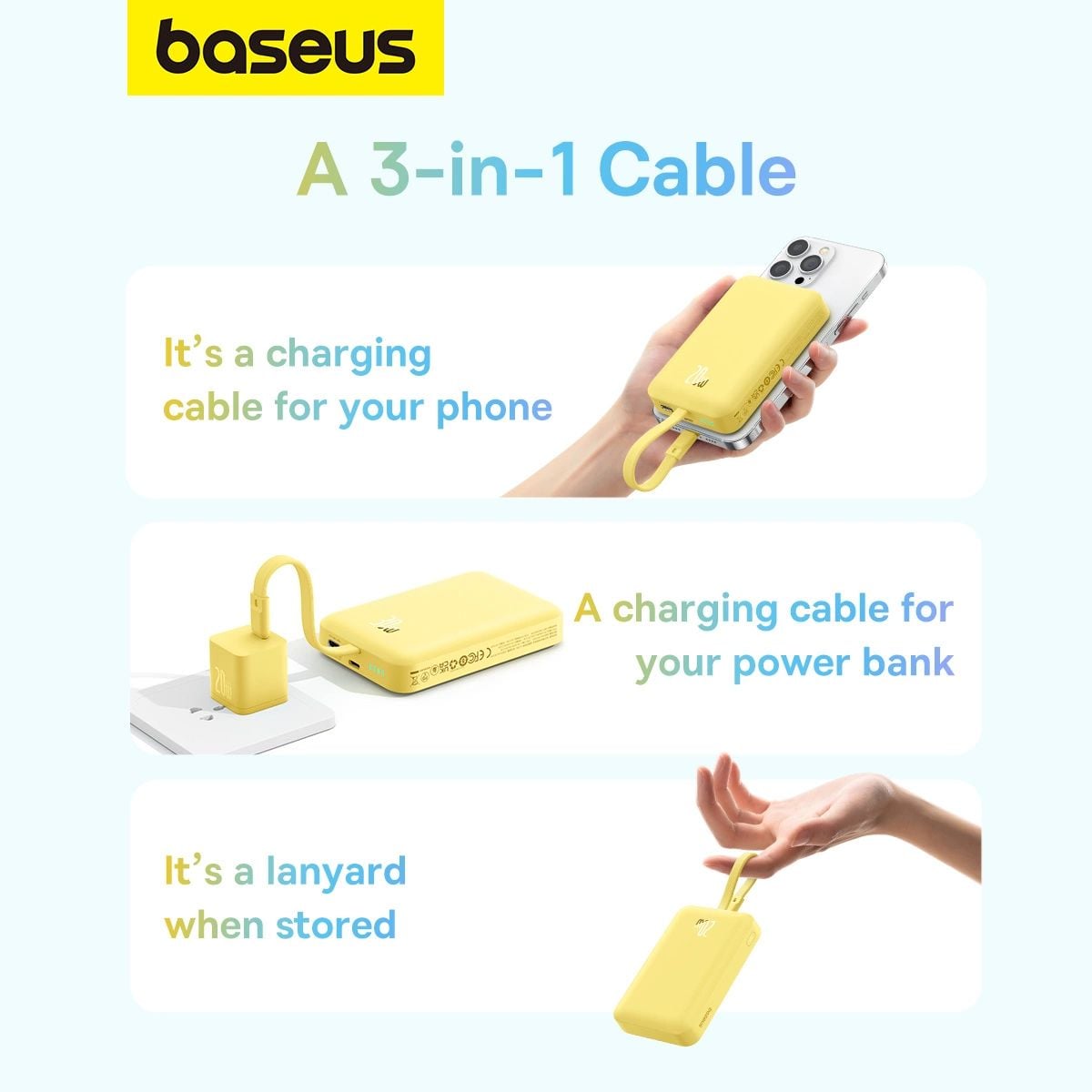 Baseus Magnetic Mini MagSafe 10000mAh 20W powerbank beépített Lightning kábellel - sárga + Baseus Simple Series USB-C - USB-C 60W 0.3m kábel-1