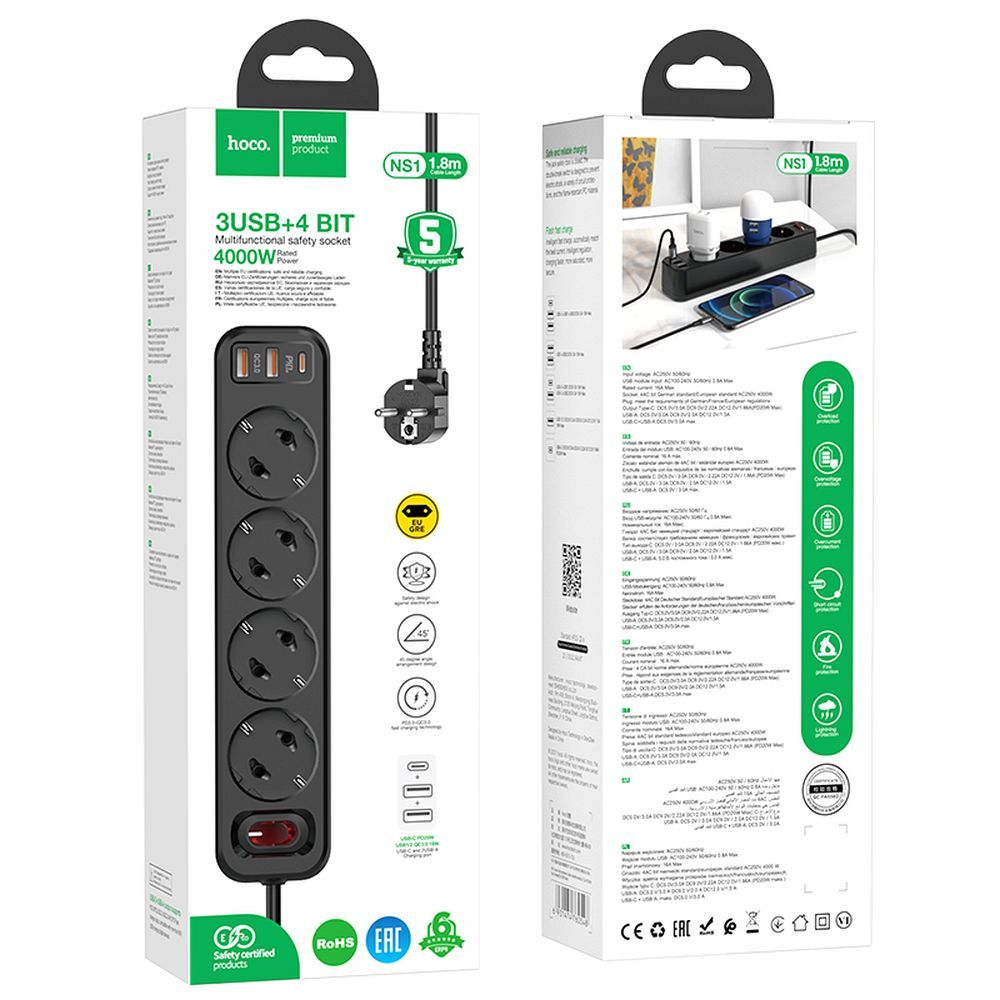 HOCO elosztó 4 foglalattal + 2 x USB A + Type C PD QC3.0 3A 20W NS1 fekete-4