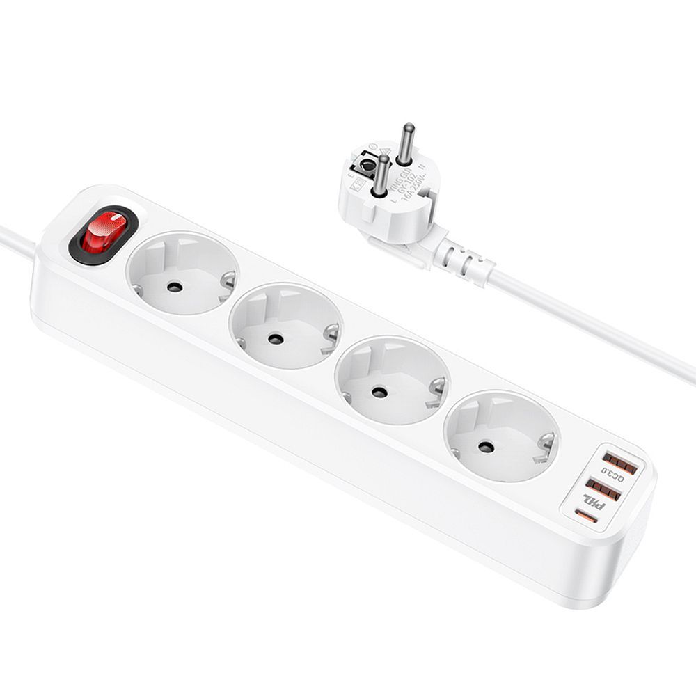 HOCO 4 aljzatos elosztó, hosszabbító kábel + 2 x USB A + Type C PD QC 3A 20W NS1 fehér-0