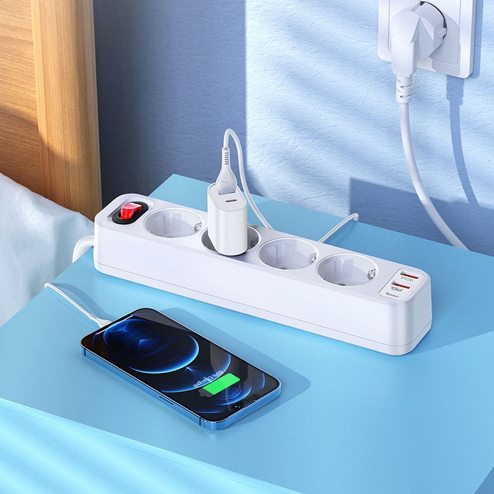 HOCO 4 aljzatos elosztó, hosszabbító kábel + 2 x USB A + Type C PD QC 3A 20W NS1 fehér-2
