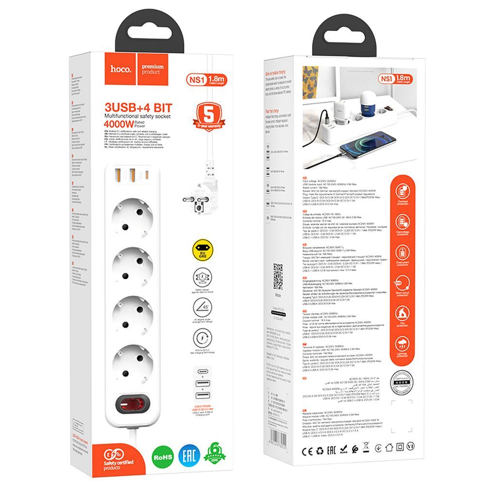 HOCO 4 aljzatos elosztó, hosszabbító kábel + 2 x USB A + Type C PD QC 3A 20W NS1 fehér-4