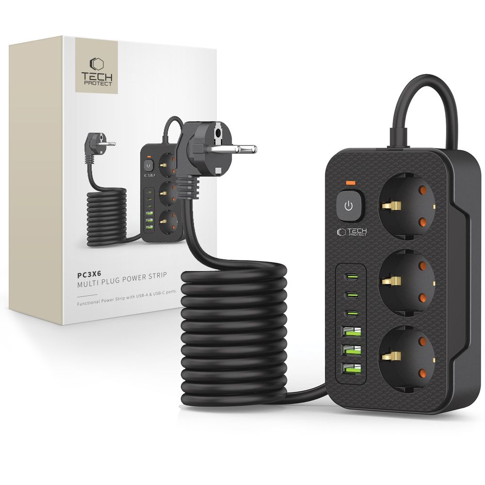 Tech-protect Pc3x6 Hálózati Elosztó 3 Usb & 3 Type-c & 3 Aljzat 200cm Fekete-0