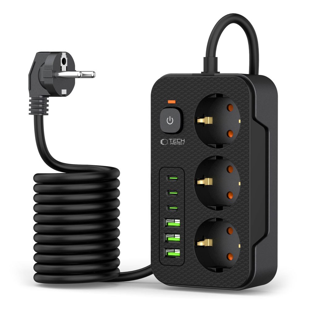 Tech-protect Pc3x6 Hálózati Elosztó 3 Usb & 3 Type-c & 3 Aljzat 200cm Fekete-1